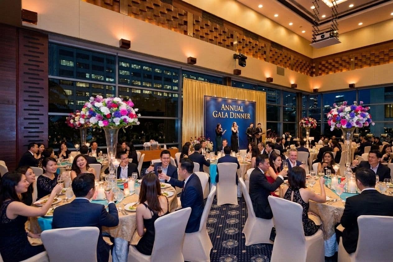 Guests attend an elegant gala dinner with floral centerpieces and a stage.
