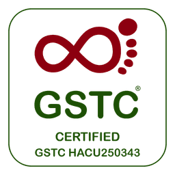 GSTC Certified logo with an infinity symbol and a footprint, showing certification code.