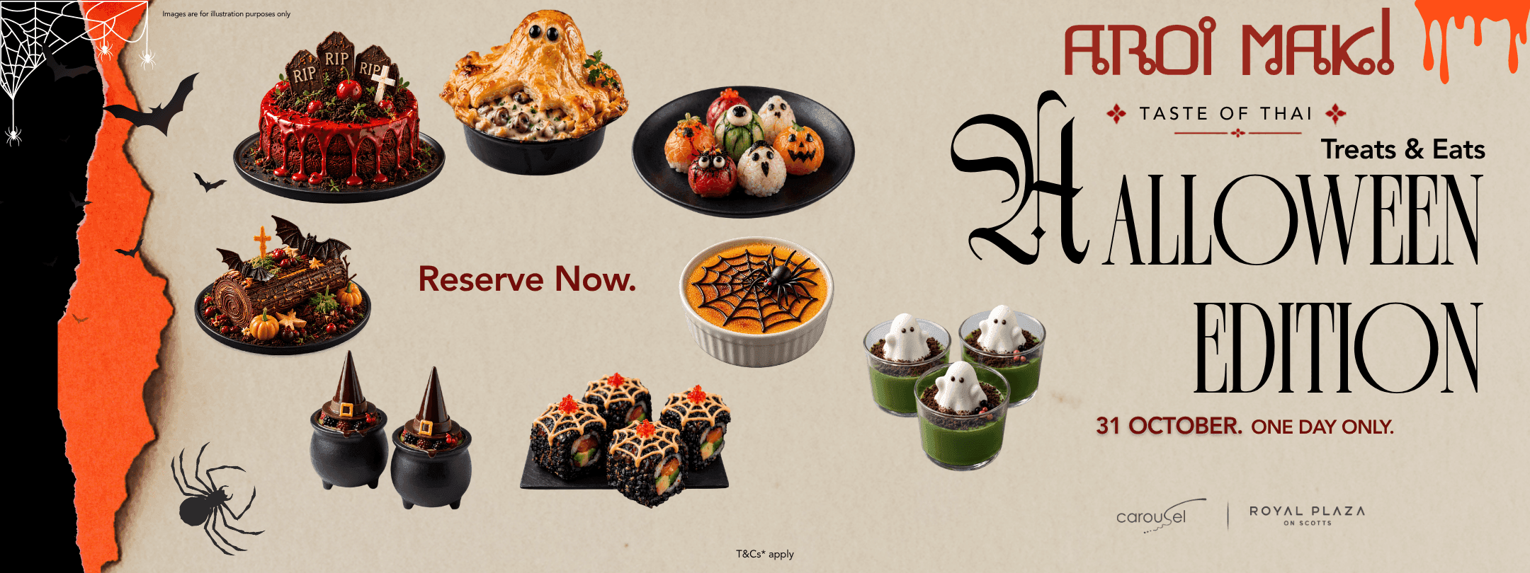 Halloween treats from Aroi Mak!, including spooky cakes, ghost pie, and cauldron snacks.